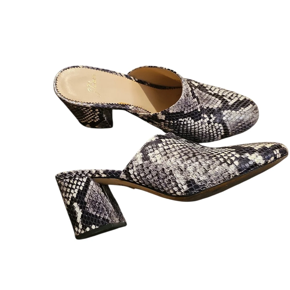 J. Crew Sophia Snakeskin Patterned Block Heel Mules Sz 7.5 Gray Black